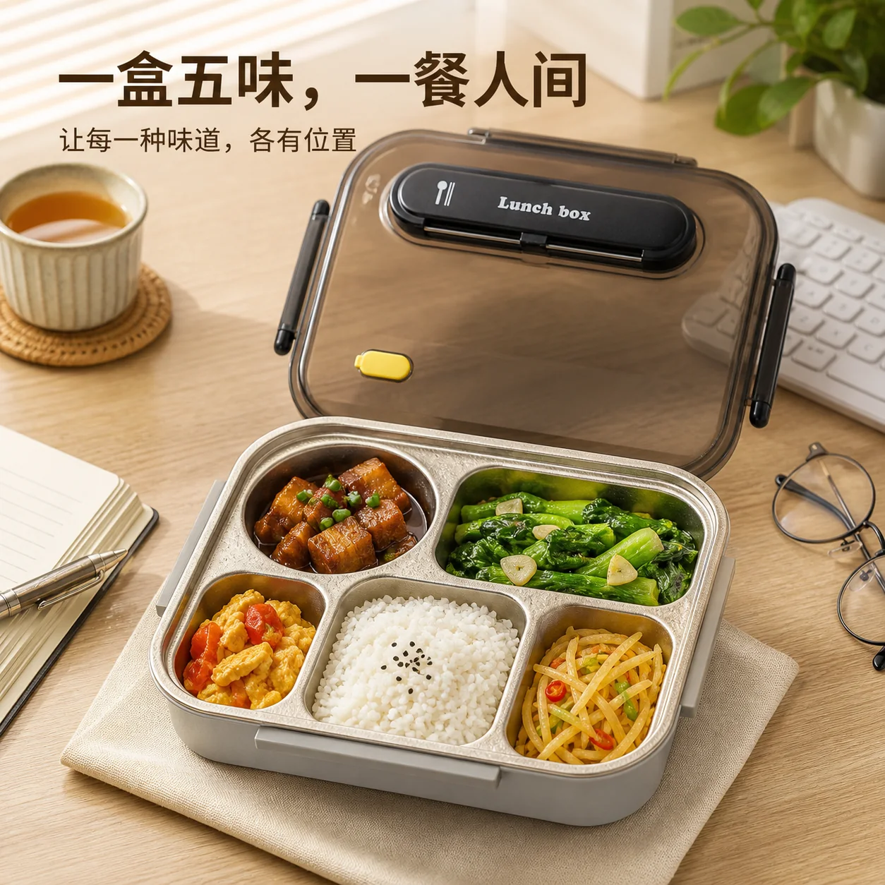 泰邦勒五味餐盒盛放饭菜的日常用餐场景